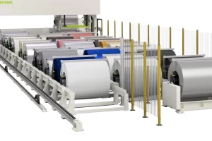 coillagringsskenor för förvaring av coil i en coilfarm mot vit bakgrund